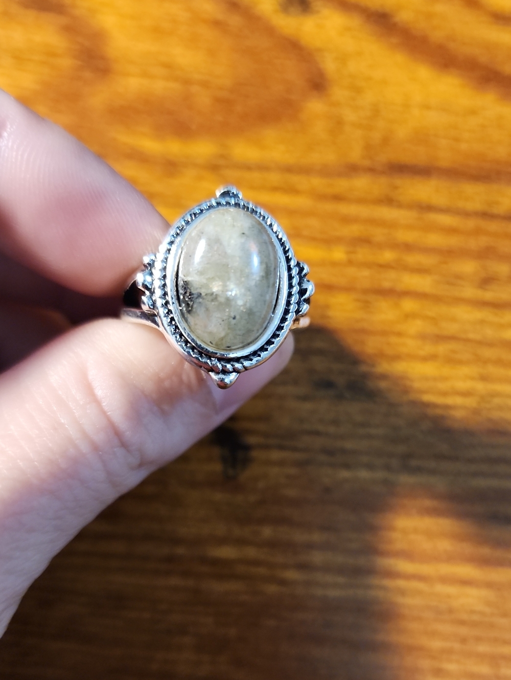 Vintage Style Oval Moonstone Ring, Antique Silver Plated With Inlaid Moonstone